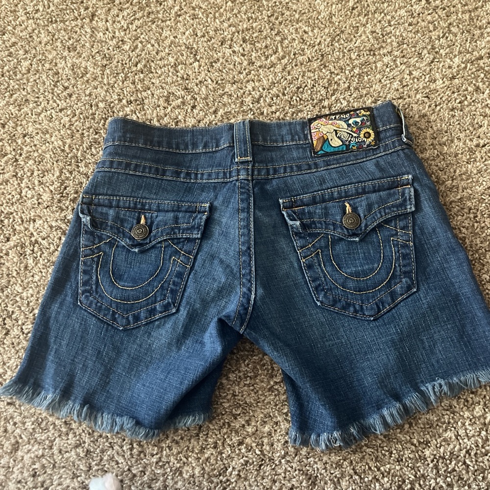 True Religion Blue Jean Shorts with Frayed Hem